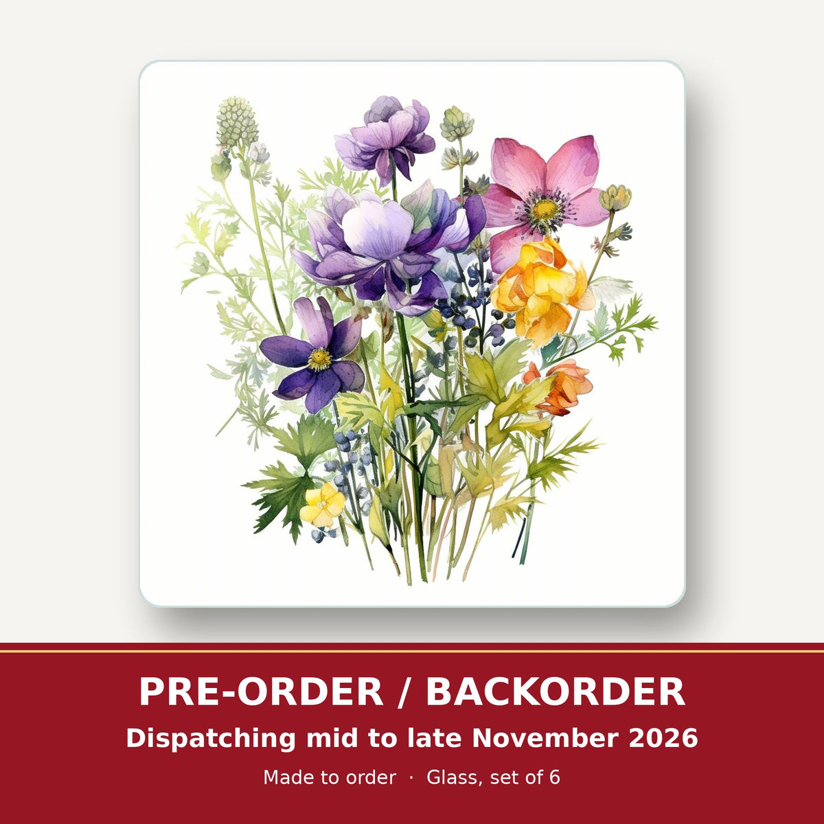 Purple & Pink Wildflower Bouquet square glass coaster set of 6 – pre-order / backorder, dispatching mid to late November 2026