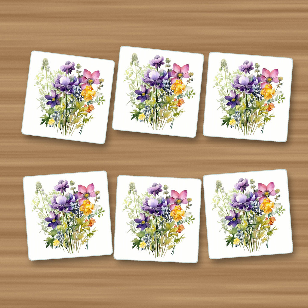 Purple & Pink Wildflower Bouquet square glass coasters, set of 6, on an oak coffee table