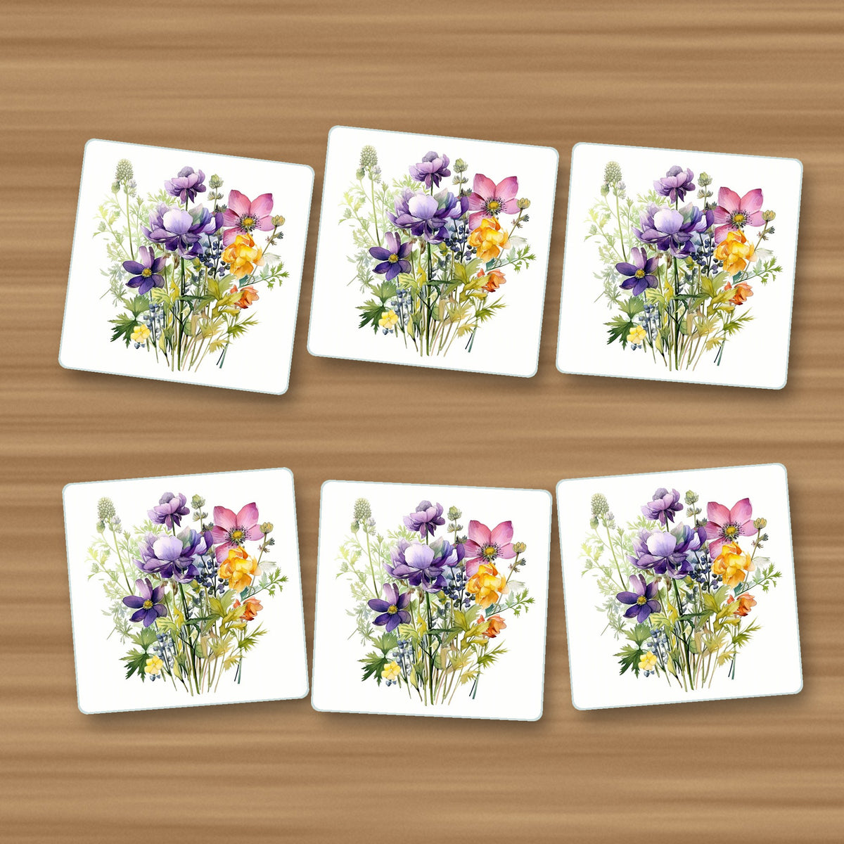 Purple & Pink Wildflower Bouquet square glass coasters, set of 6, on an oak coffee table