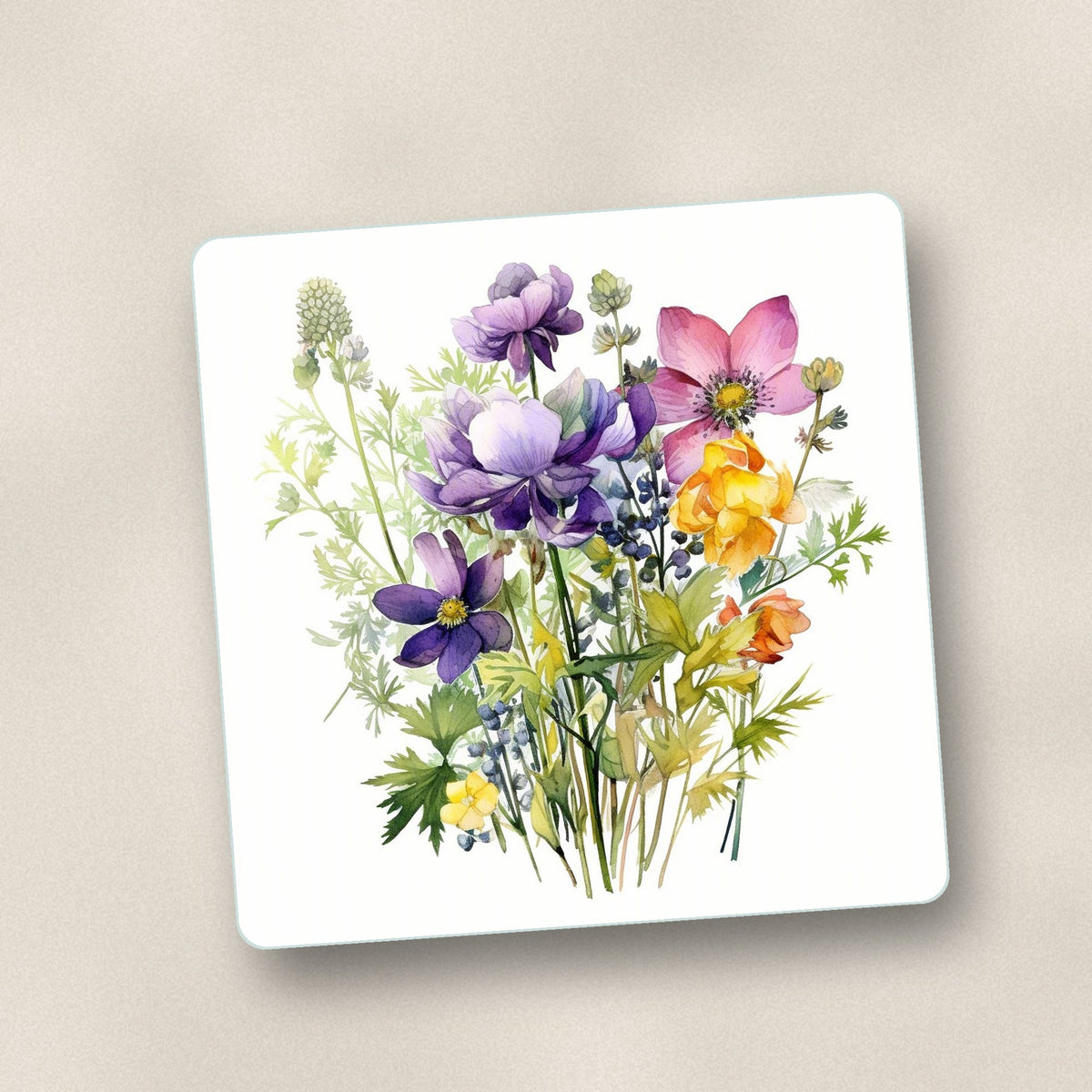 Close-up of one purple & pink wildflower bouquet square glass coaster, flat UV print
