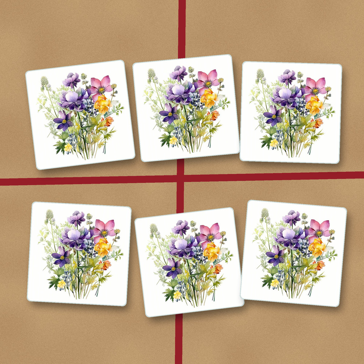 Purple & Pink Wildflower Bouquet square glass coasters on kraft gift wrap