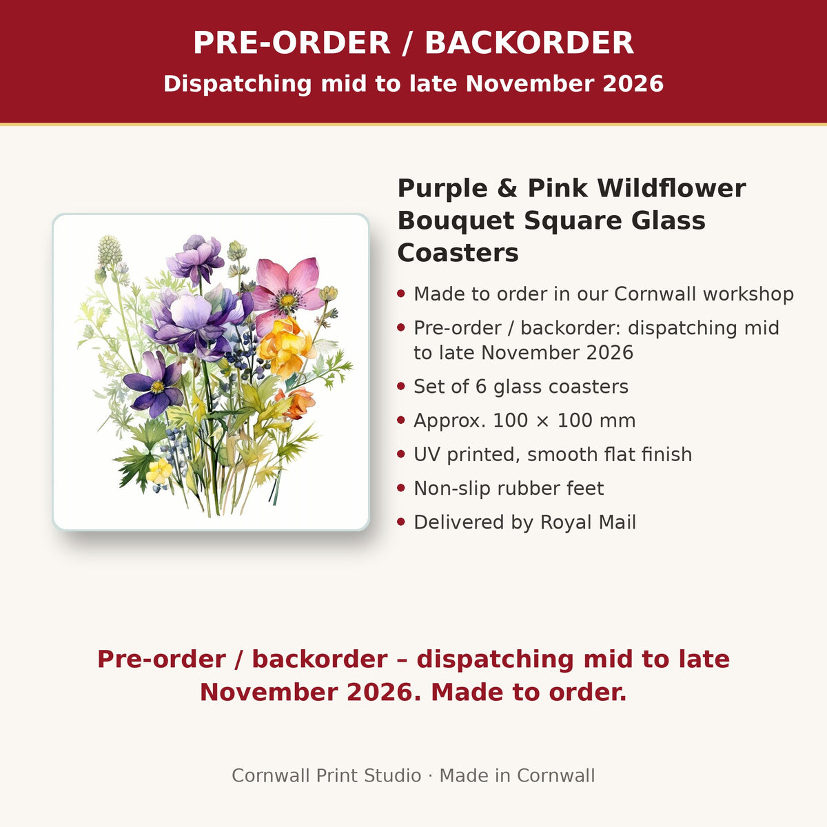 Info card: Purple & Pink Wildflower Bouquet Square Glass Coasters – Set of 6, made to order, dispatching mid to late November 2026, delivered by Royal Mail