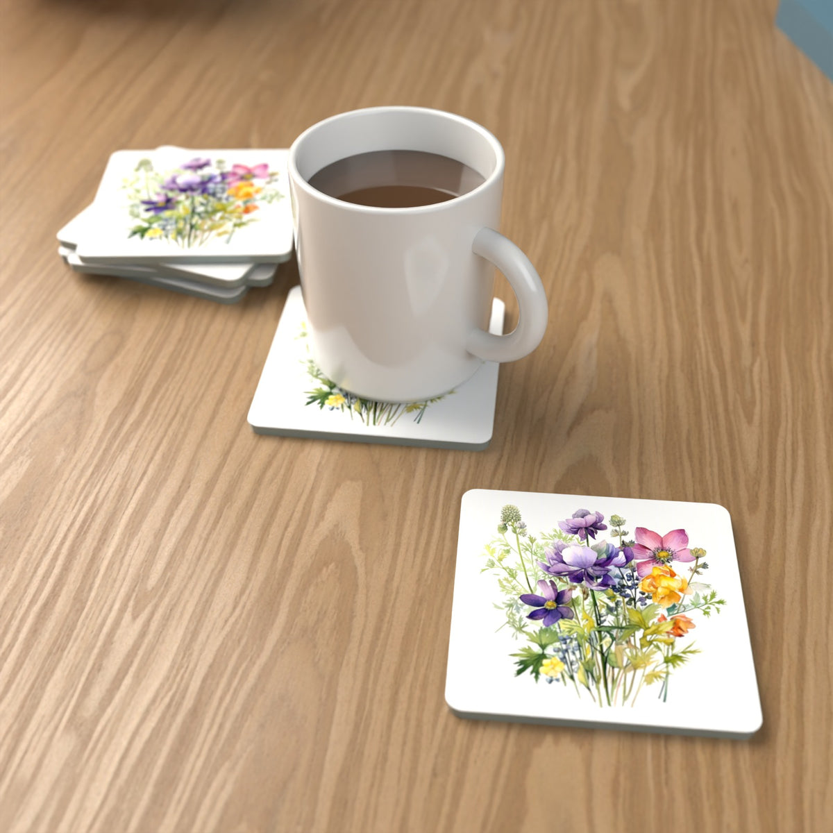 Purple & Pink Wildflower Bouquet Square Glass Coasters – Set of 6 – lifestyle mockup with a mug of coffee