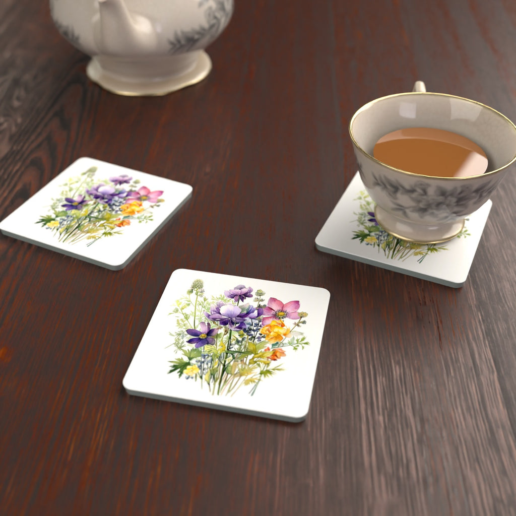 Purple & Pink Wildflower Bouquet Square Glass Coasters – Set of 6 – lifestyle mockup with a teacup
