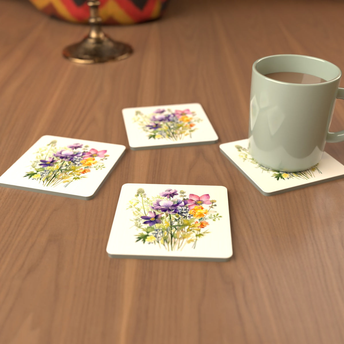 Purple & Pink Wildflower Bouquet Square Glass Coasters – Set of 6 – cosy lifestyle mockup