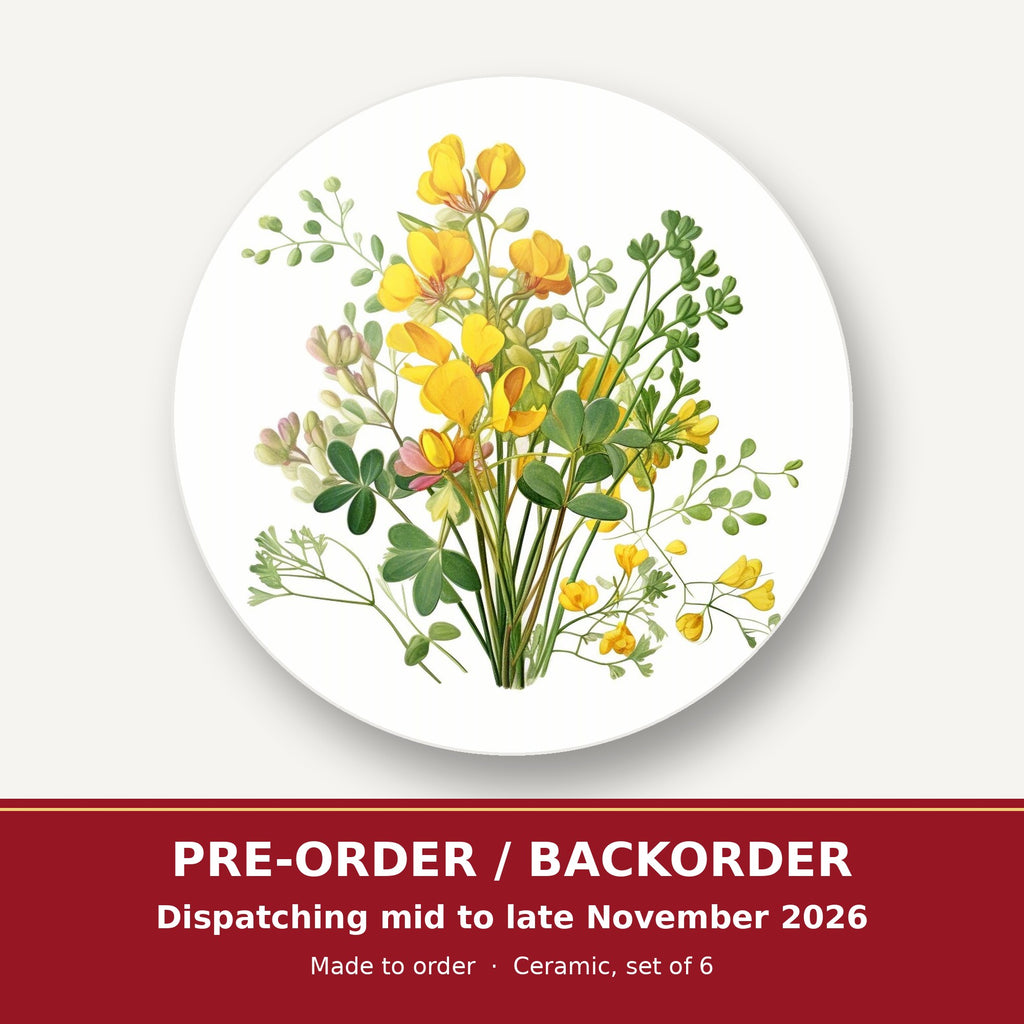 Yellow Buttercup Posy round ceramic coaster set of 6 – pre-order / backorder, dispatching mid to late November 2026