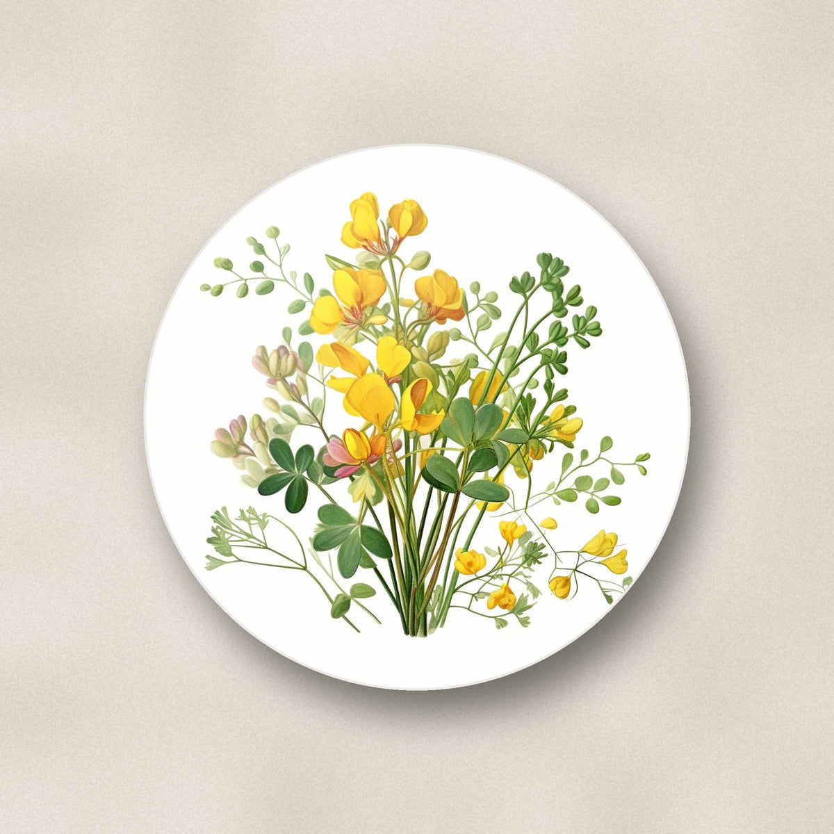 Close-up of one yellow buttercup posy round ceramic coaster, flat UV print