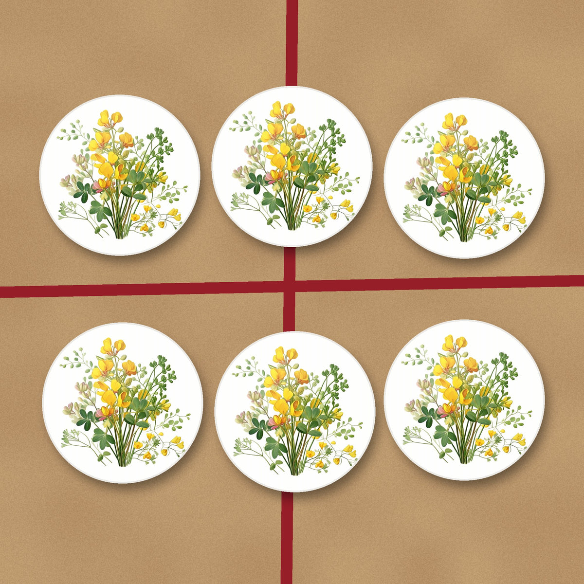 Yellow Buttercup Posy round ceramic coasters on kraft gift wrap