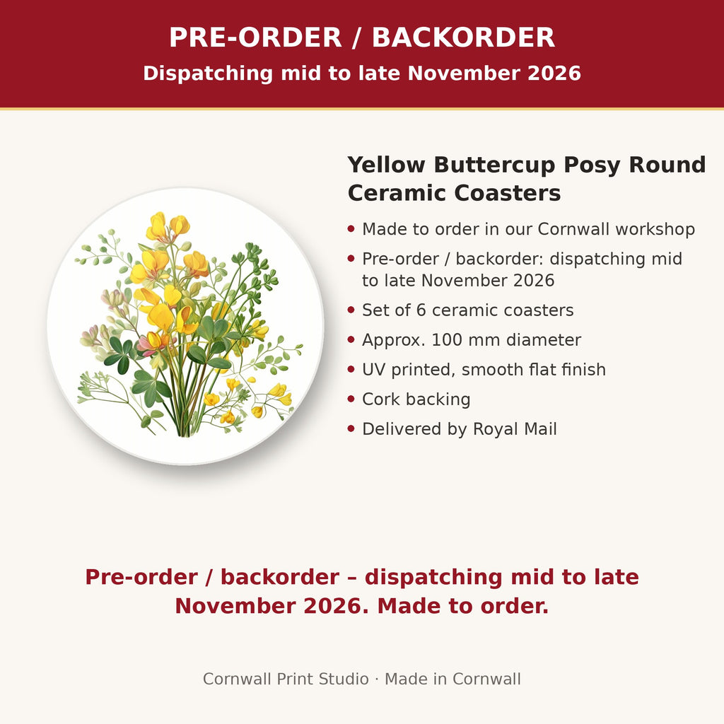Info card: Yellow Buttercup Posy Round Ceramic Coasters – Set of 6, made to order, dispatching mid to late November 2026, delivered by Royal Mail
