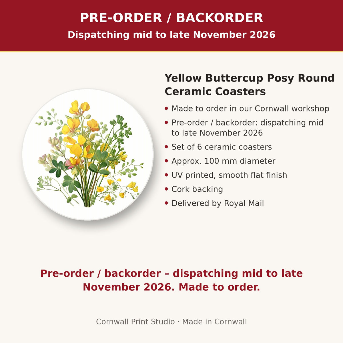 Info card: Yellow Buttercup Posy Round Ceramic Coasters – Set of 6, made to order, dispatching mid to late November 2026, delivered by Royal Mail