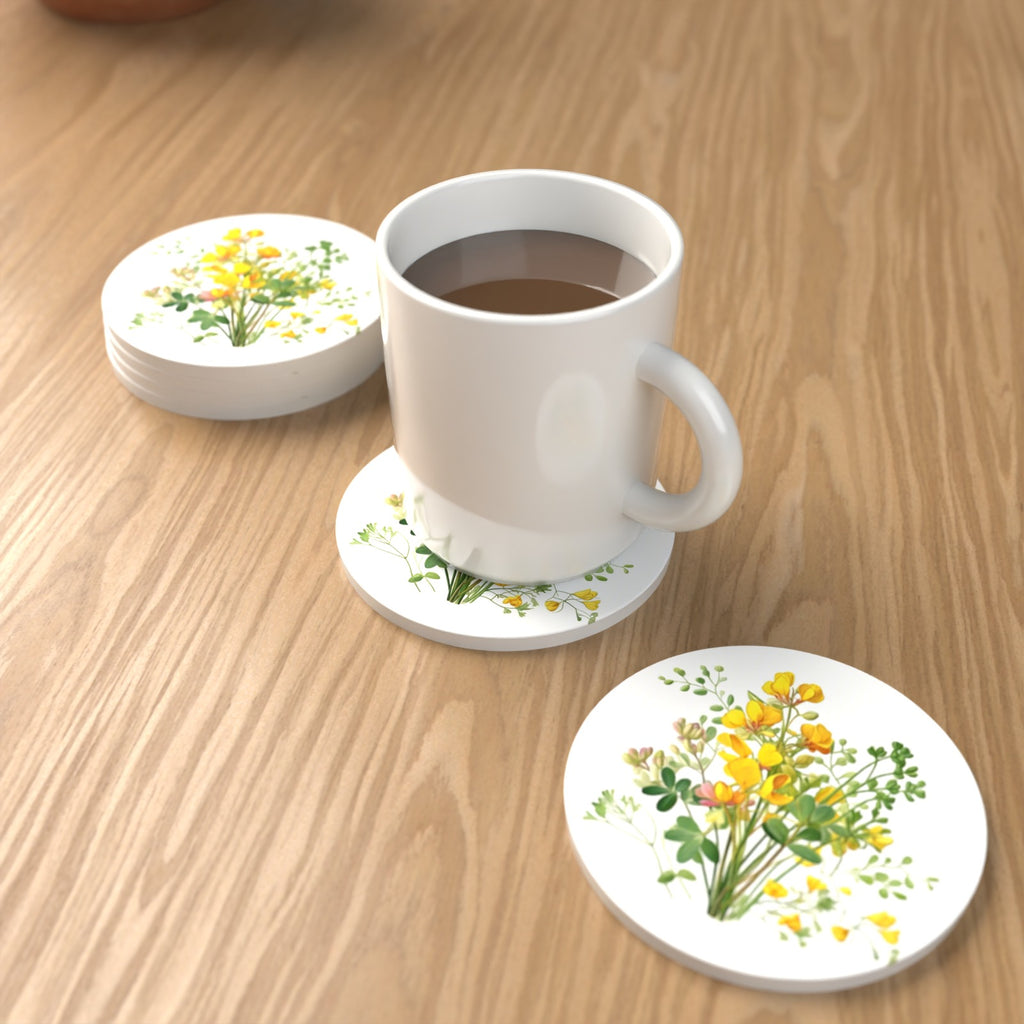 Yellow Buttercup Posy Round Ceramic Coasters – Set of 6 – lifestyle mockup with a mug of coffee