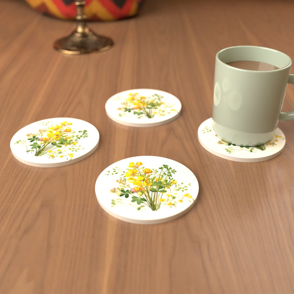 Yellow Buttercup Posy Round Ceramic Coasters – Set of 6 – cosy lifestyle mockup