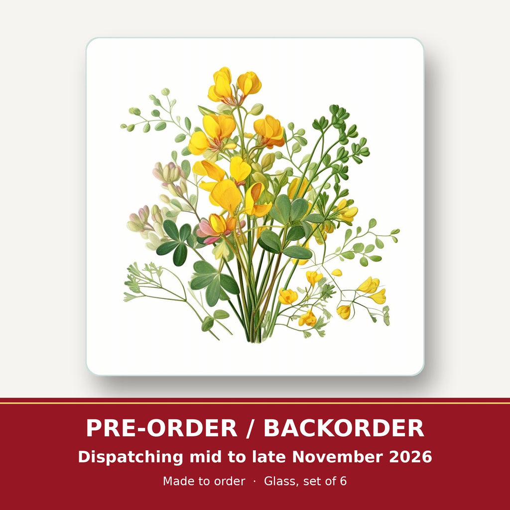 Yellow Buttercup Posy square glass coaster set of 6 – pre-order / backorder, dispatching mid to late November 2026