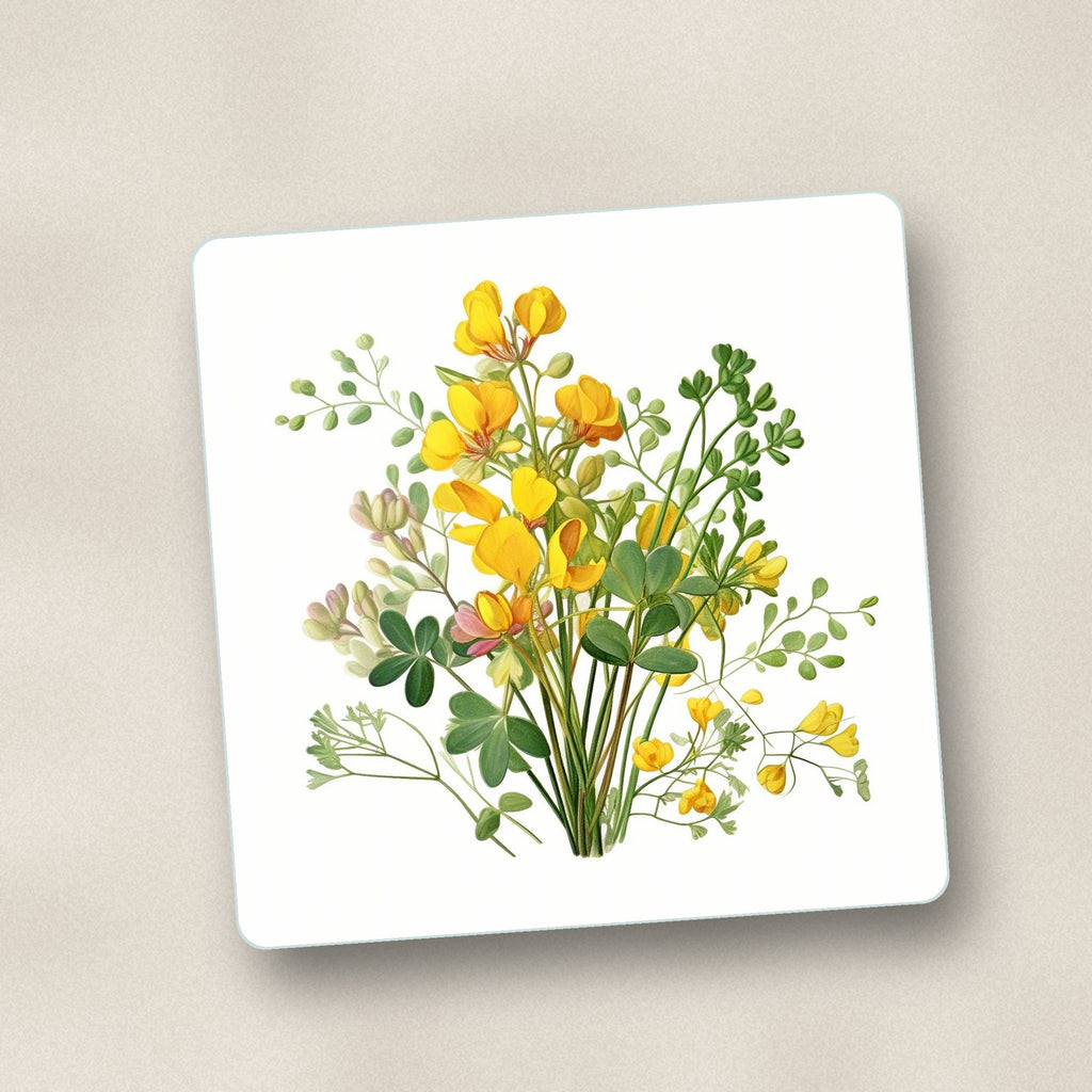 Close-up of one yellow buttercup posy square glass coaster, flat UV print