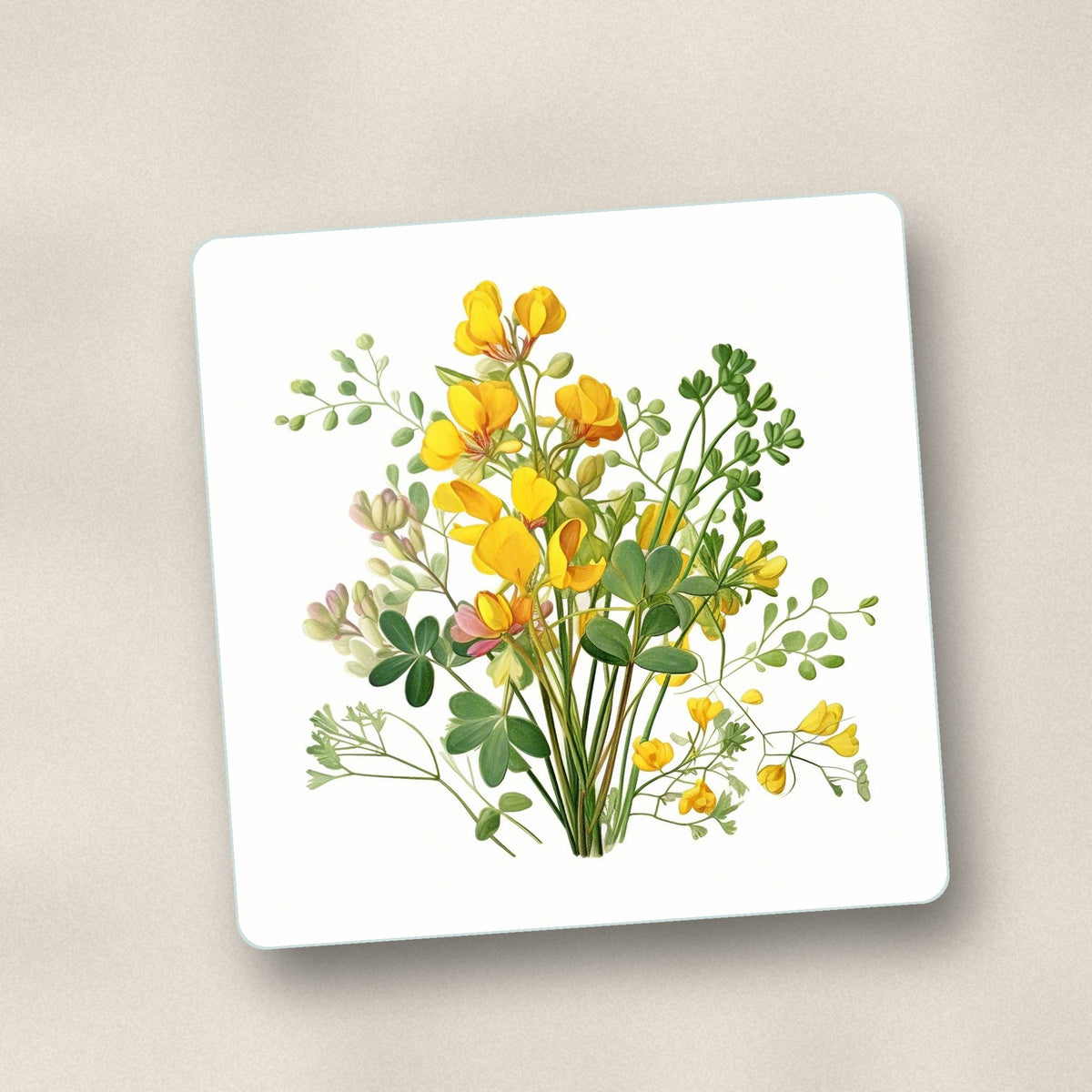 Close-up of one yellow buttercup posy square glass coaster, flat UV print