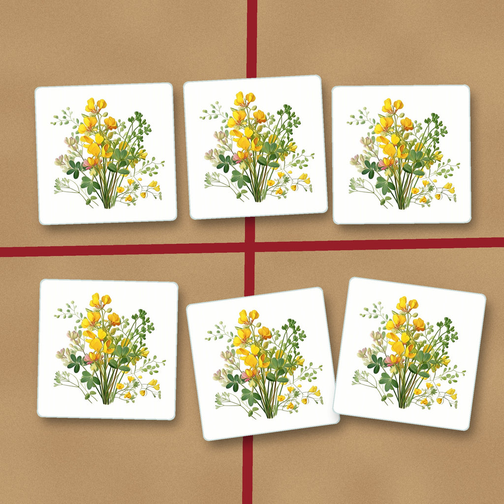 Yellow Buttercup Posy square glass coasters on kraft gift wrap