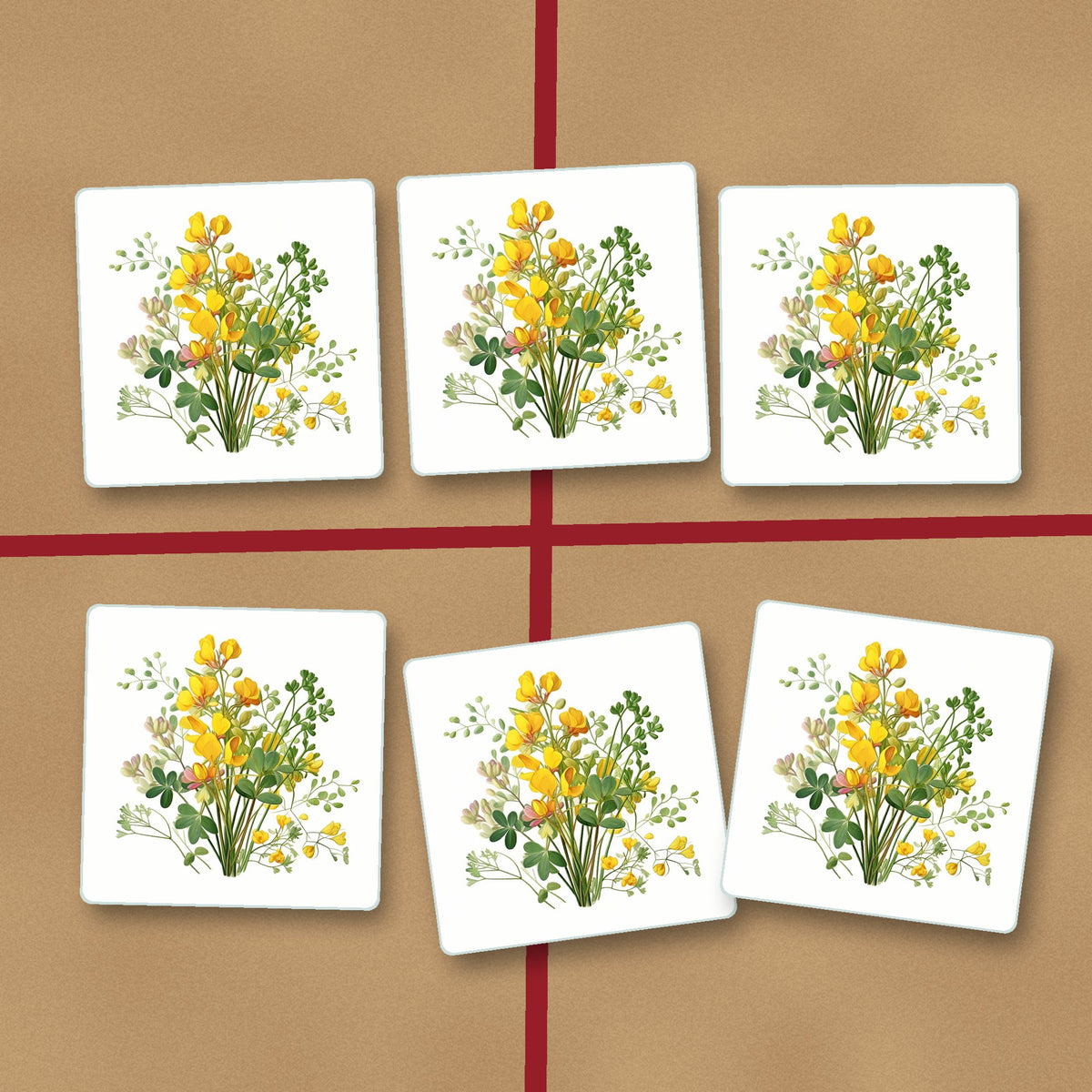 Yellow Buttercup Posy square glass coasters on kraft gift wrap