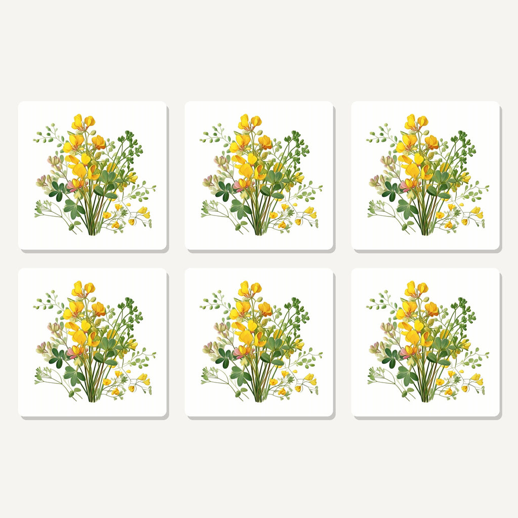 Flat lay of the yellow buttercup posy artwork on six square coasters
