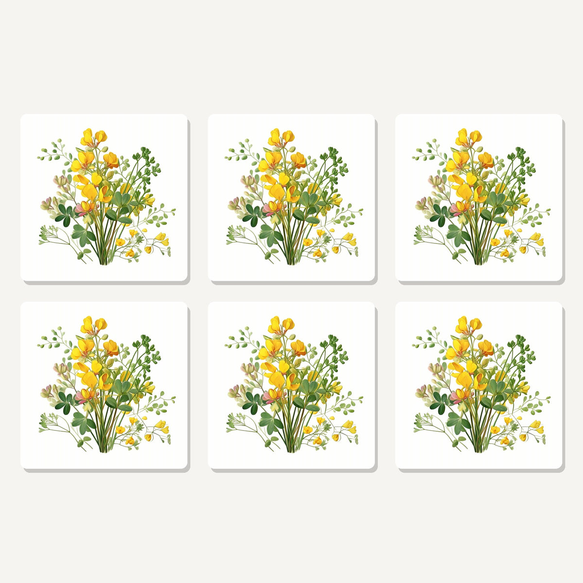 Flat lay of the yellow buttercup posy artwork on six square coasters