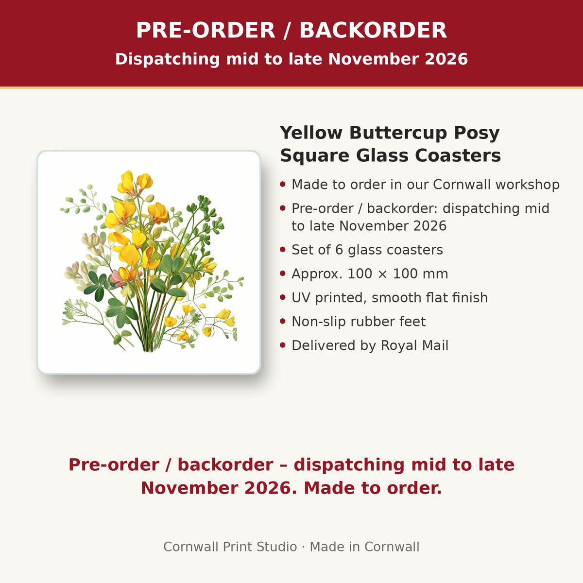 Info card: Yellow Buttercup Posy Square Glass Coasters – Set of 6, made to order, dispatching mid to late November 2026, delivered by Royal Mail