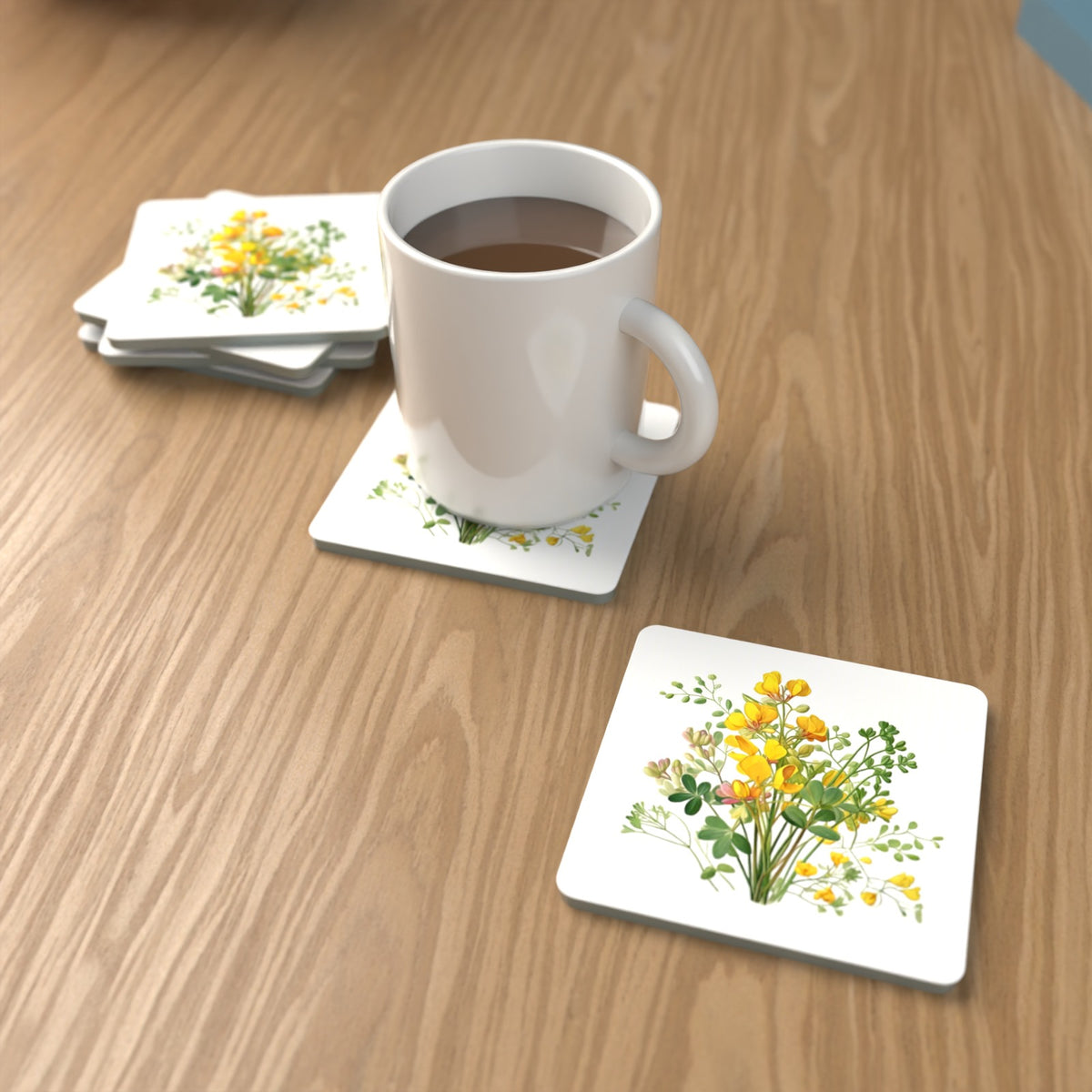 Yellow Buttercup Posy Square Glass Coasters – Set of 6 – lifestyle mockup with a mug of coffee