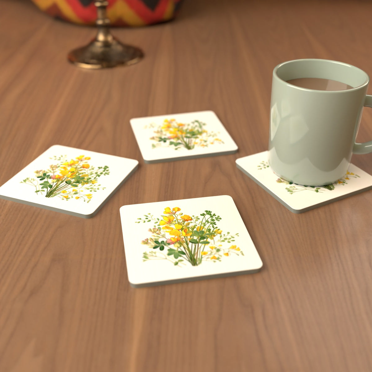 Yellow Buttercup Posy Square Glass Coasters – Set of 6 – cosy lifestyle mockup