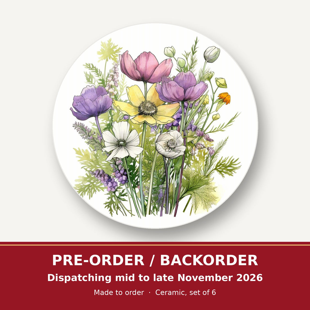 Pink, Purple & White Wild Bouquet round ceramic coaster set of 6 – pre-order / backorder, dispatching mid to late November 2026