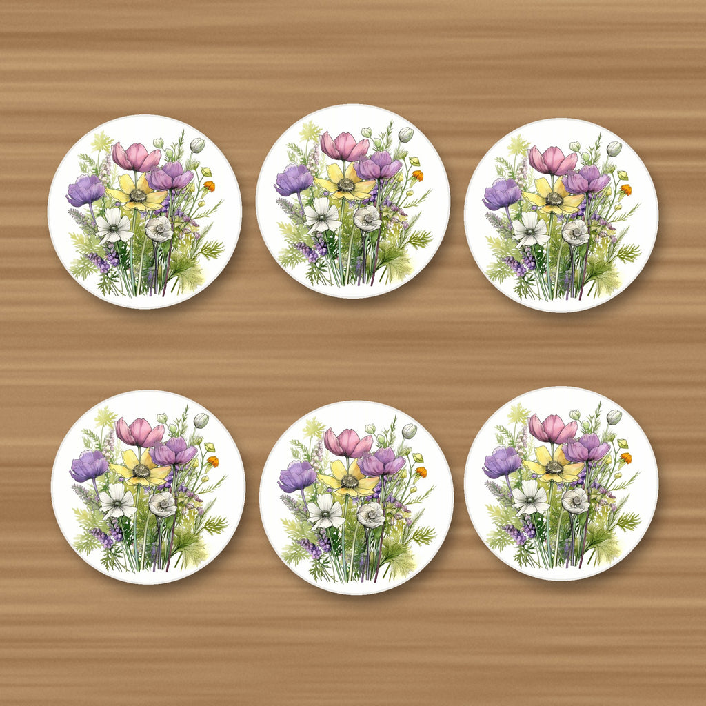 Pink, Purple & White Wild Bouquet round ceramic coasters, set of 6, on an oak coffee table