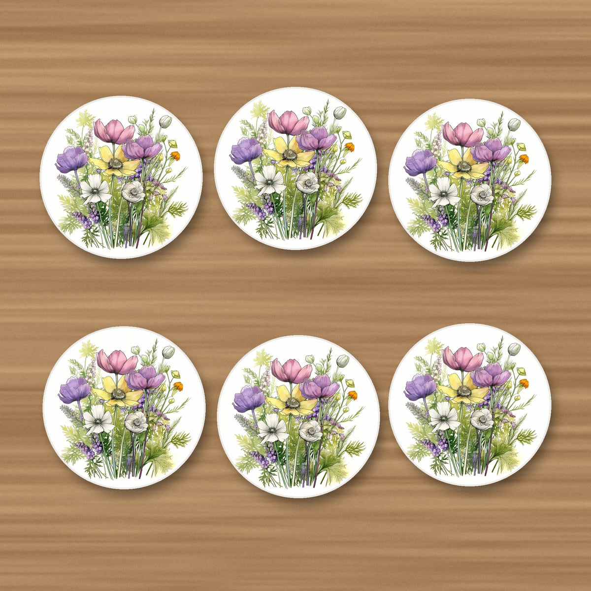 Pink, Purple & White Wild Bouquet round ceramic coasters, set of 6, on an oak coffee table