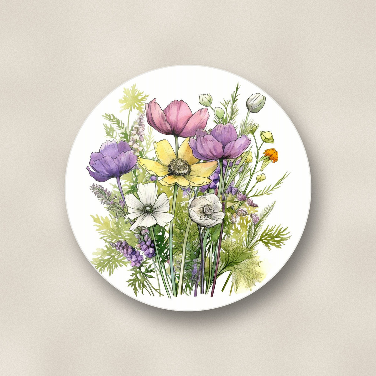 Close-up of one pink, purple & white wild bouquet round ceramic coaster, flat UV print