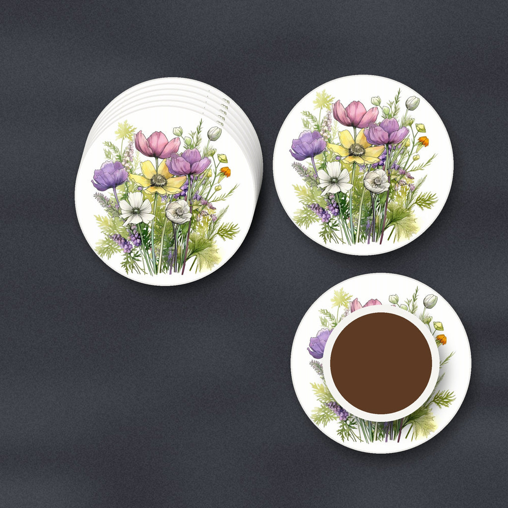 Pink, Purple & White Wild Bouquet round ceramic coasters stacked on a slate kitchen worktop
