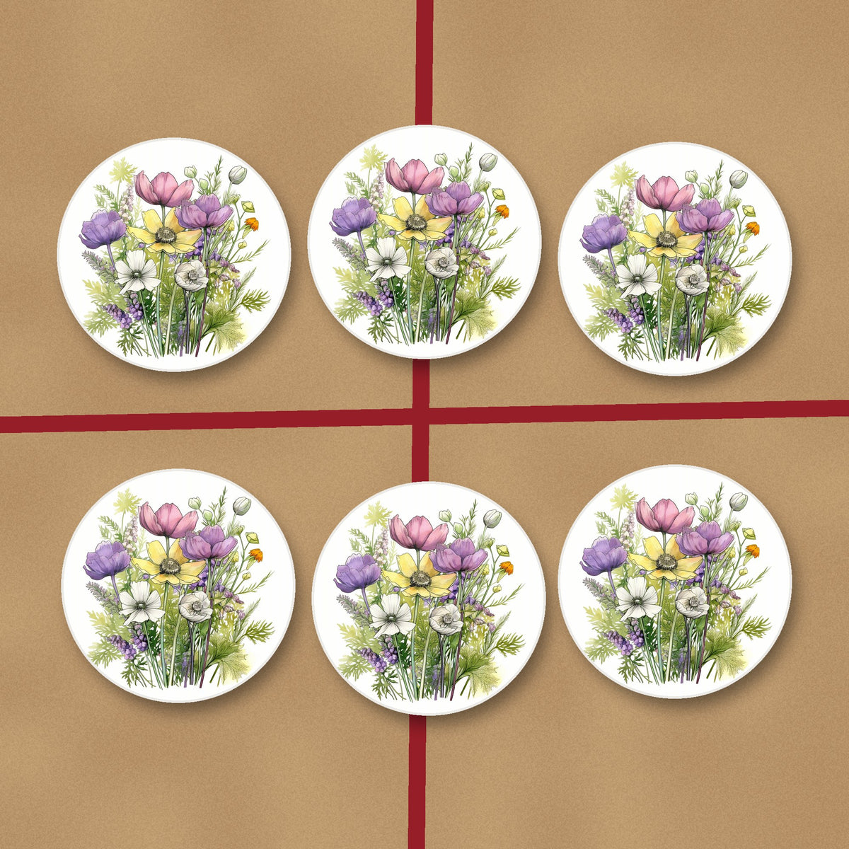 Pink, Purple & White Wild Bouquet round ceramic coasters on kraft gift wrap