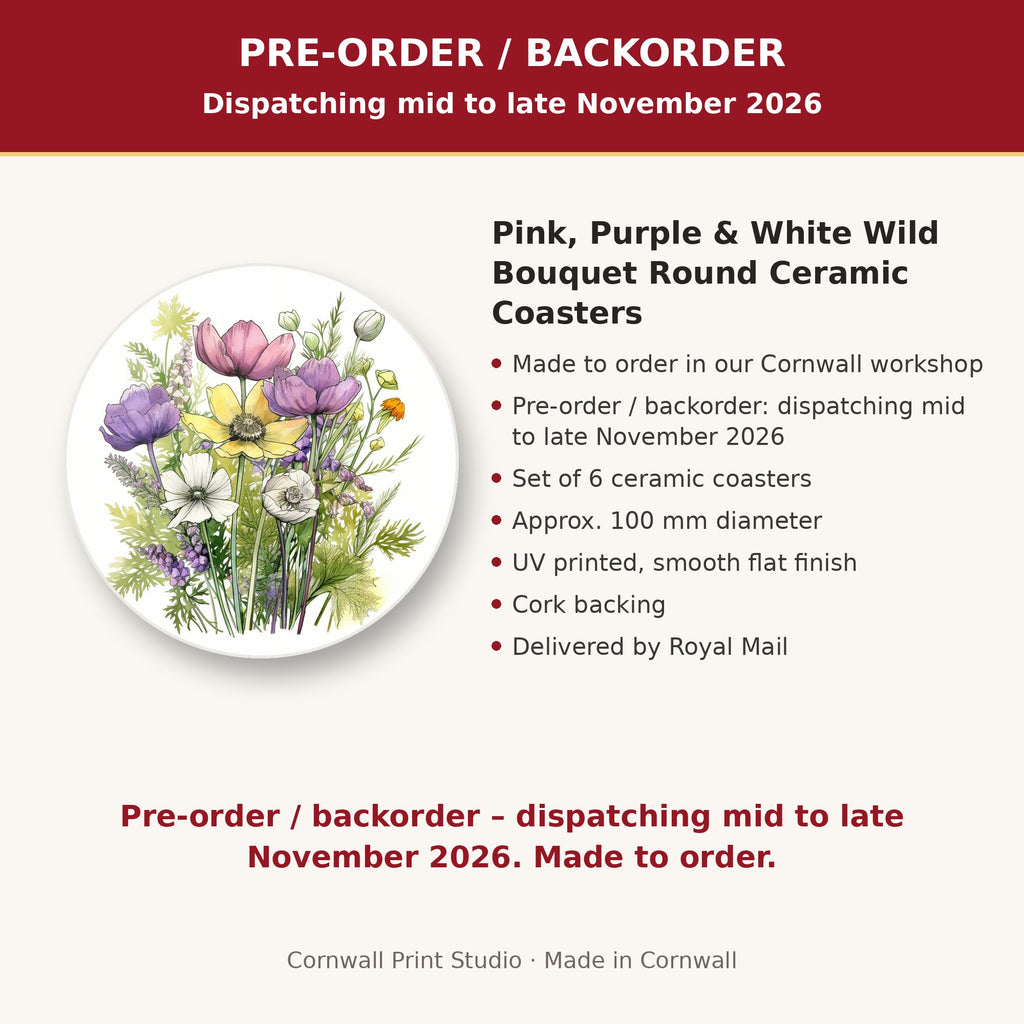 Info card: Pink, Purple & White Wild Bouquet Round Ceramic Coasters – Set of 6, made to order, dispatching mid to late November 2026, delivered by Royal Mail