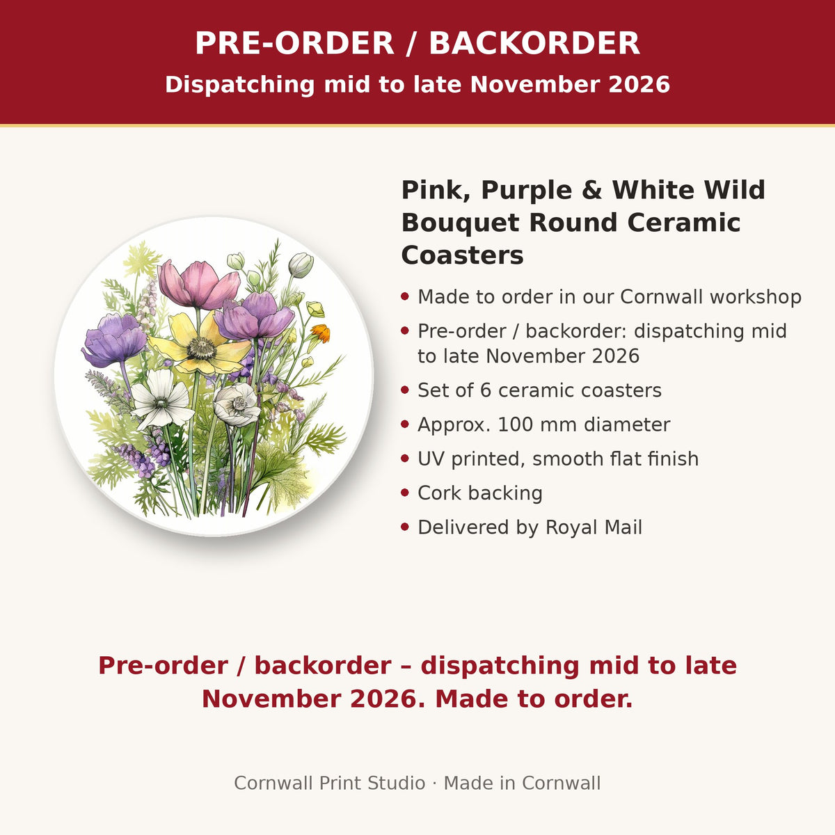 Info card: Pink, Purple & White Wild Bouquet Round Ceramic Coasters – Set of 6, made to order, dispatching mid to late November 2026, delivered by Royal Mail
