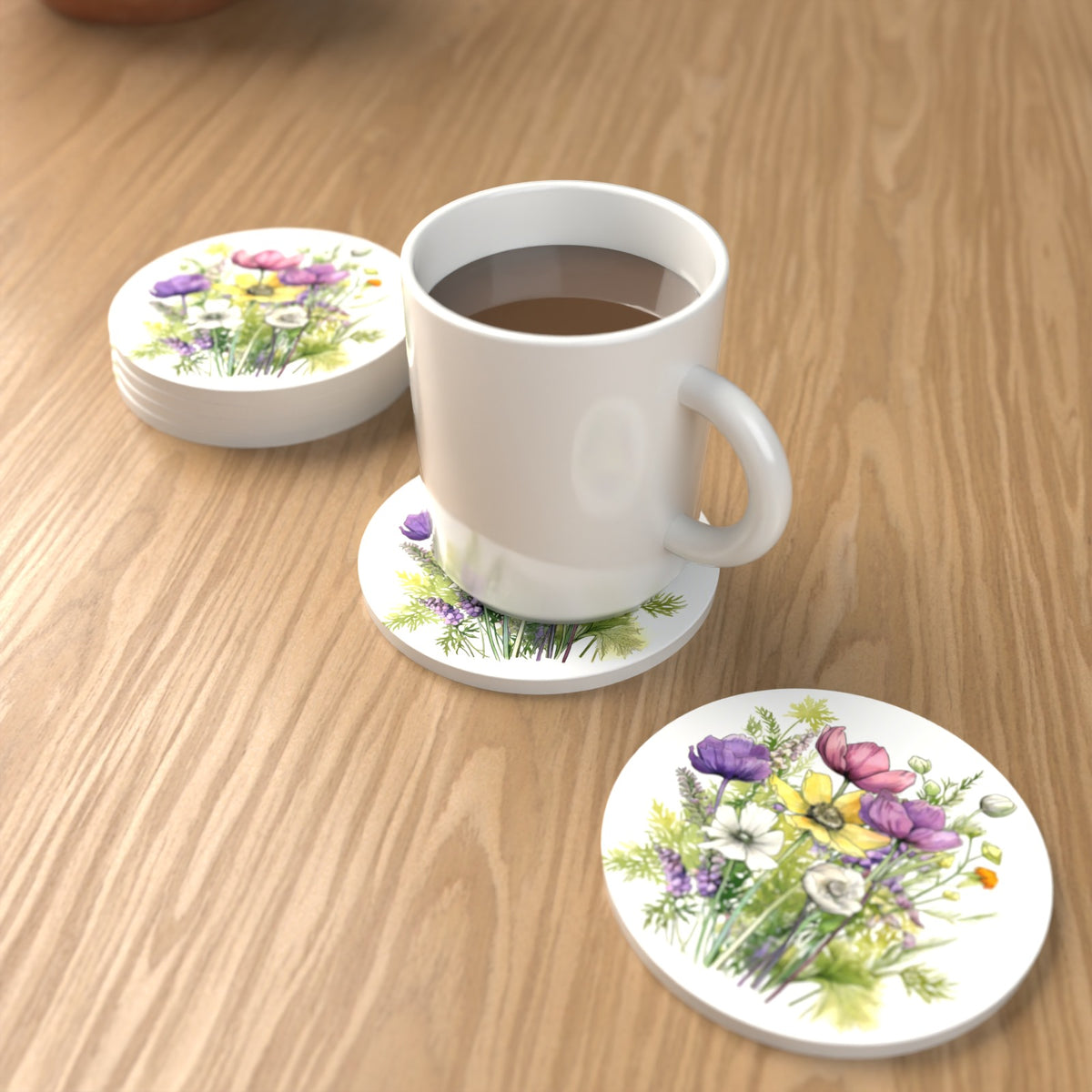 Pink, Purple & White Wild Bouquet Round Ceramic Coasters – Set of 6 – lifestyle mockup with a mug of coffee