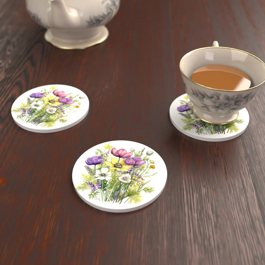 Pink, Purple & White Wild Bouquet Round Ceramic Coasters – Set of 6 – lifestyle mockup with a teacup