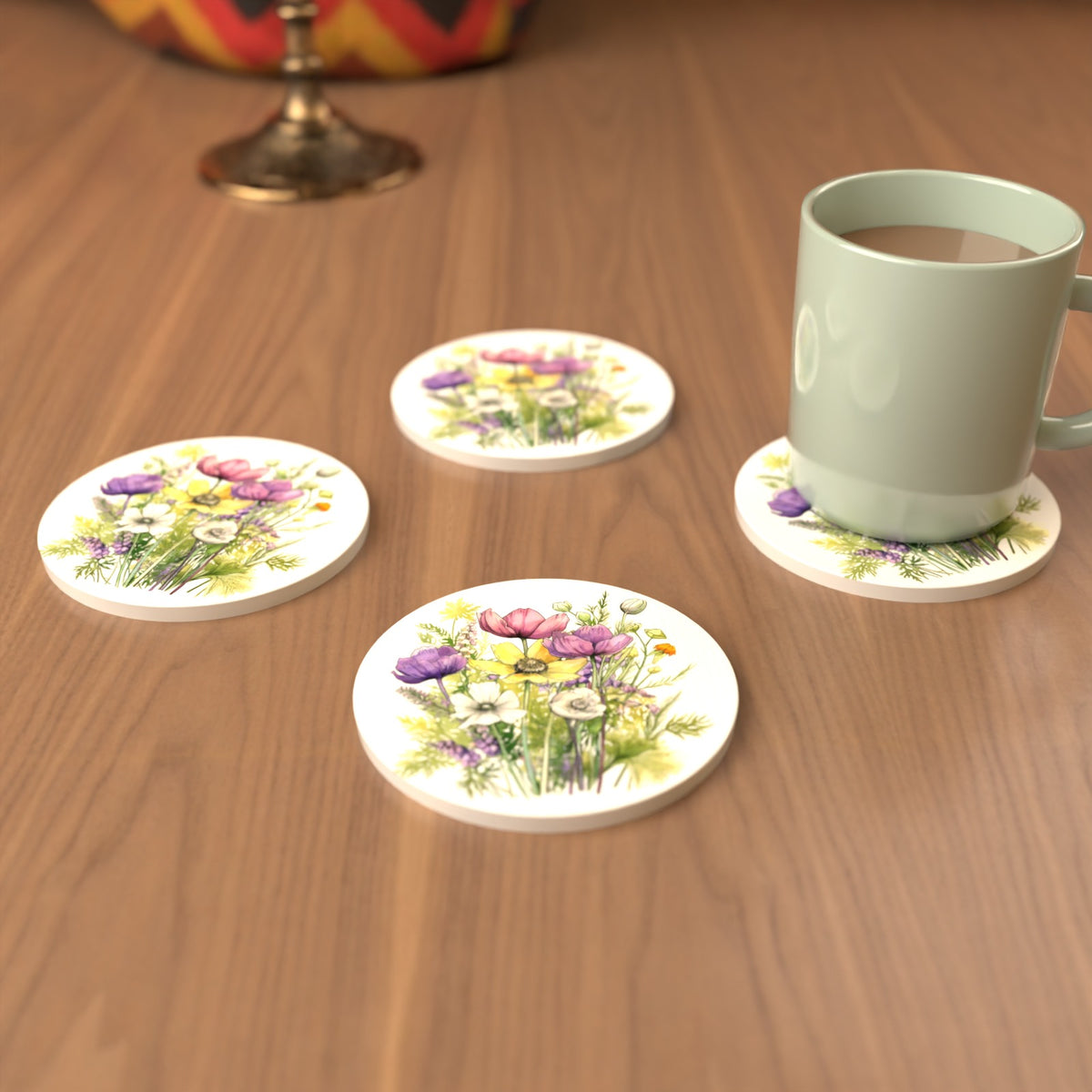 Pink, Purple & White Wild Bouquet Round Ceramic Coasters – Set of 6 – cosy lifestyle mockup