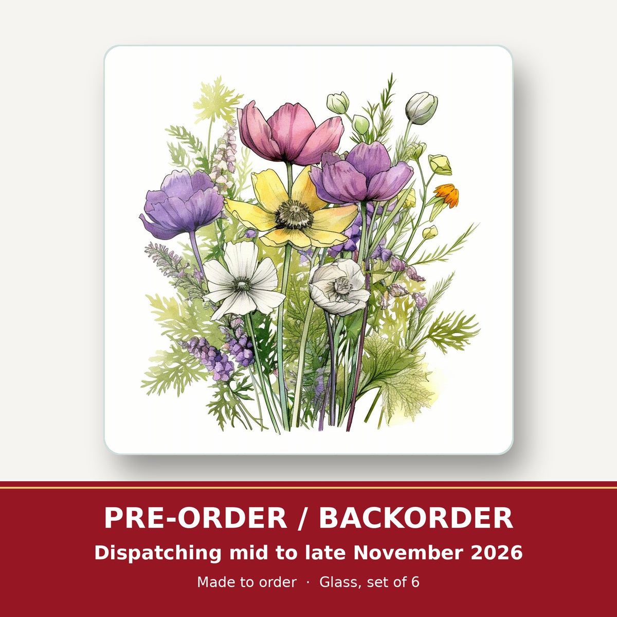 Pink, Purple & White Wild Bouquet square glass coaster set of 6 – pre-order / backorder, dispatching mid to late November 2026
