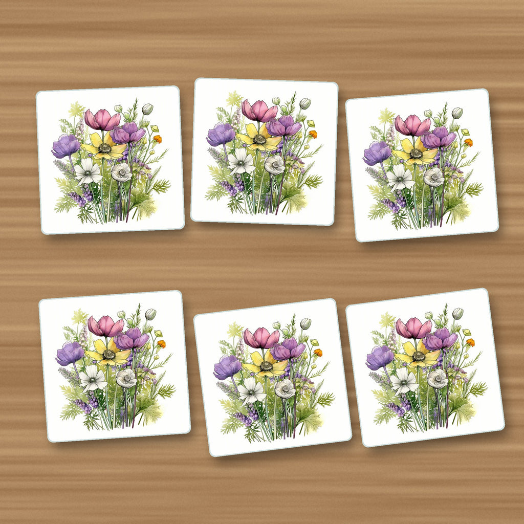 Pink, Purple & White Wild Bouquet square glass coasters, set of 6, on an oak coffee table