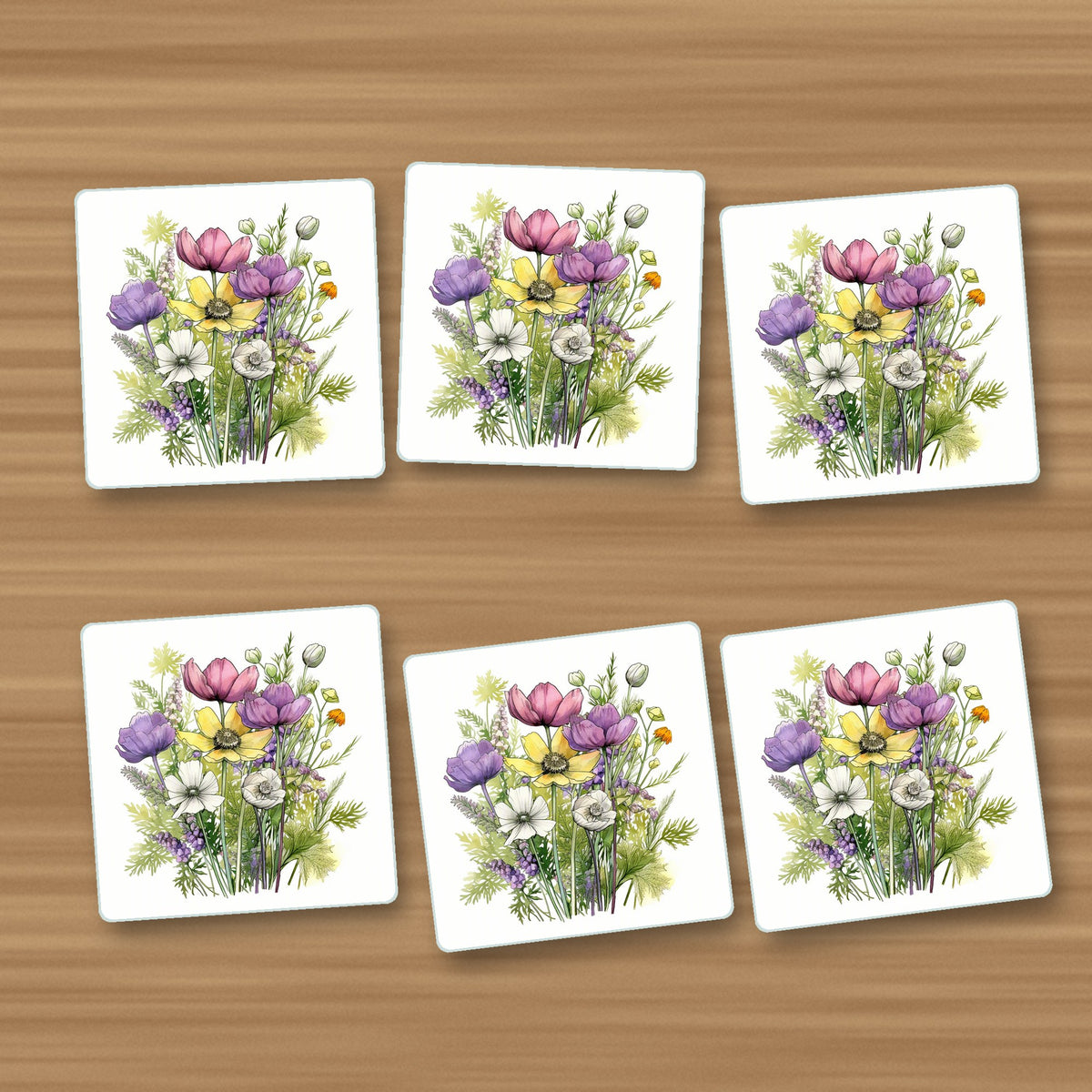 Pink, Purple & White Wild Bouquet square glass coasters, set of 6, on an oak coffee table