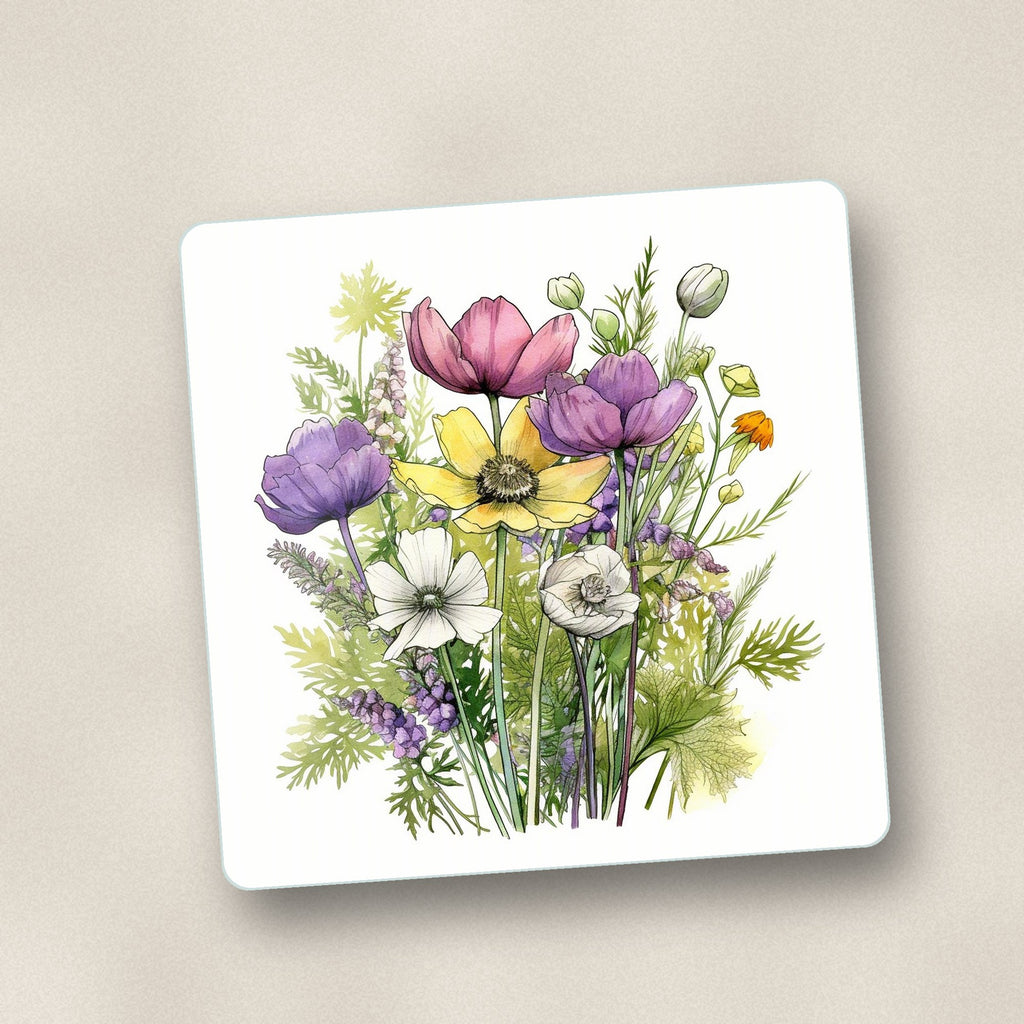 Close-up of one pink, purple & white wild bouquet square glass coaster, flat UV print