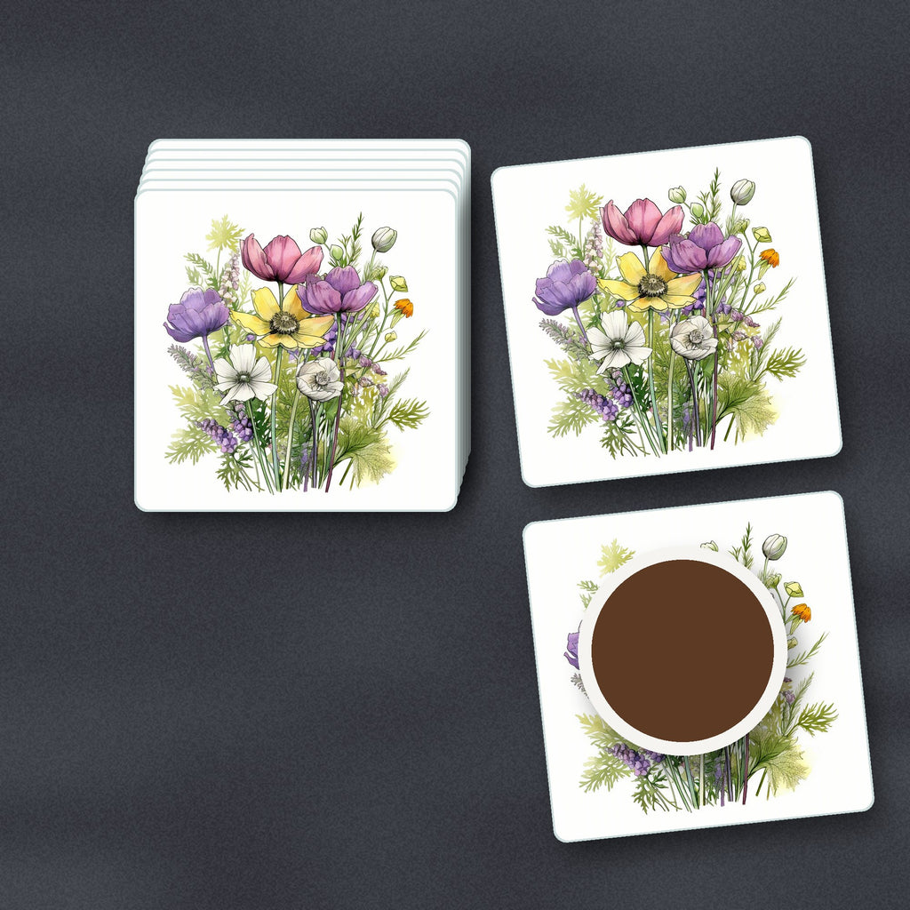 Pink, Purple & White Wild Bouquet square glass coasters stacked on a slate kitchen worktop
