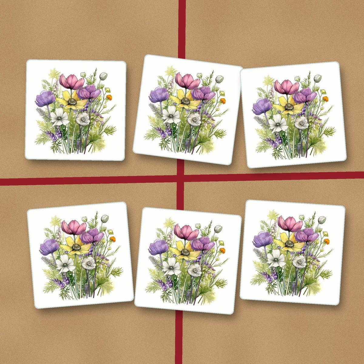 Pink, Purple & White Wild Bouquet square glass coasters on kraft gift wrap