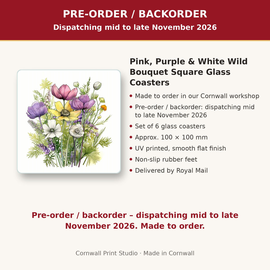 Info card: Pink, Purple & White Wild Bouquet Square Glass Coasters – Set of 6, made to order, dispatching mid to late November 2026, delivered by Royal Mail