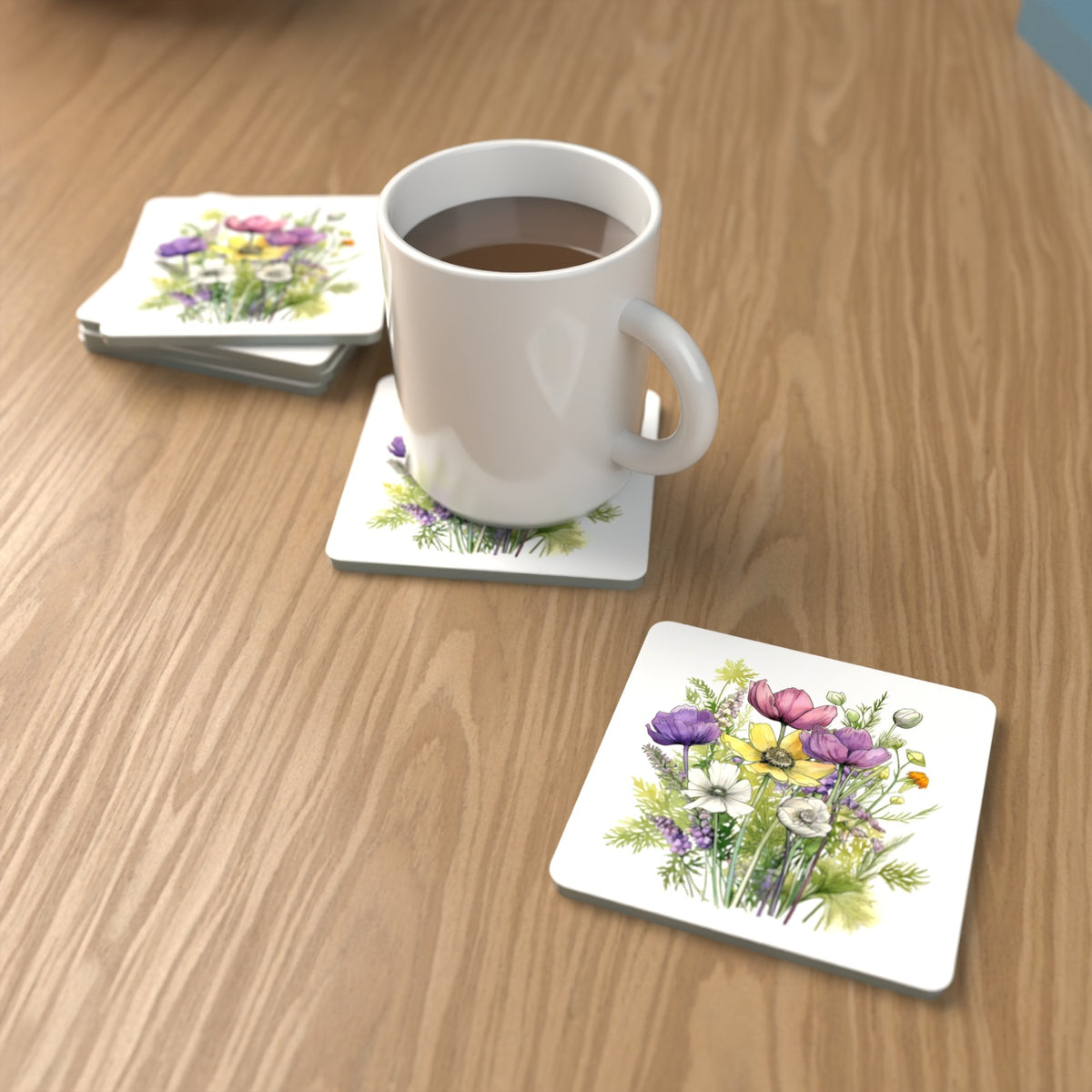 Pink, Purple & White Wild Bouquet Square Glass Coasters – Set of 6 – lifestyle mockup with a mug of coffee