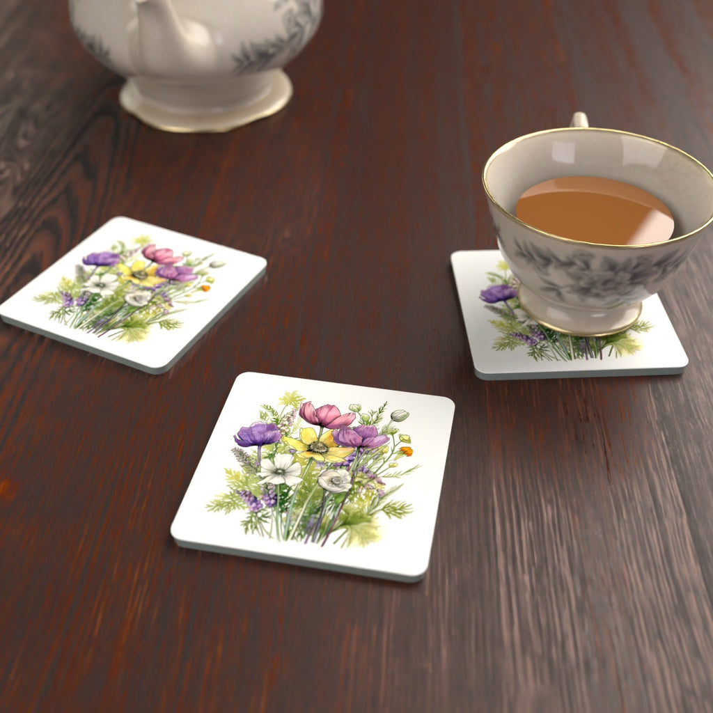 Pink, Purple & White Wild Bouquet Square Glass Coasters – Set of 6 – lifestyle mockup with a teacup