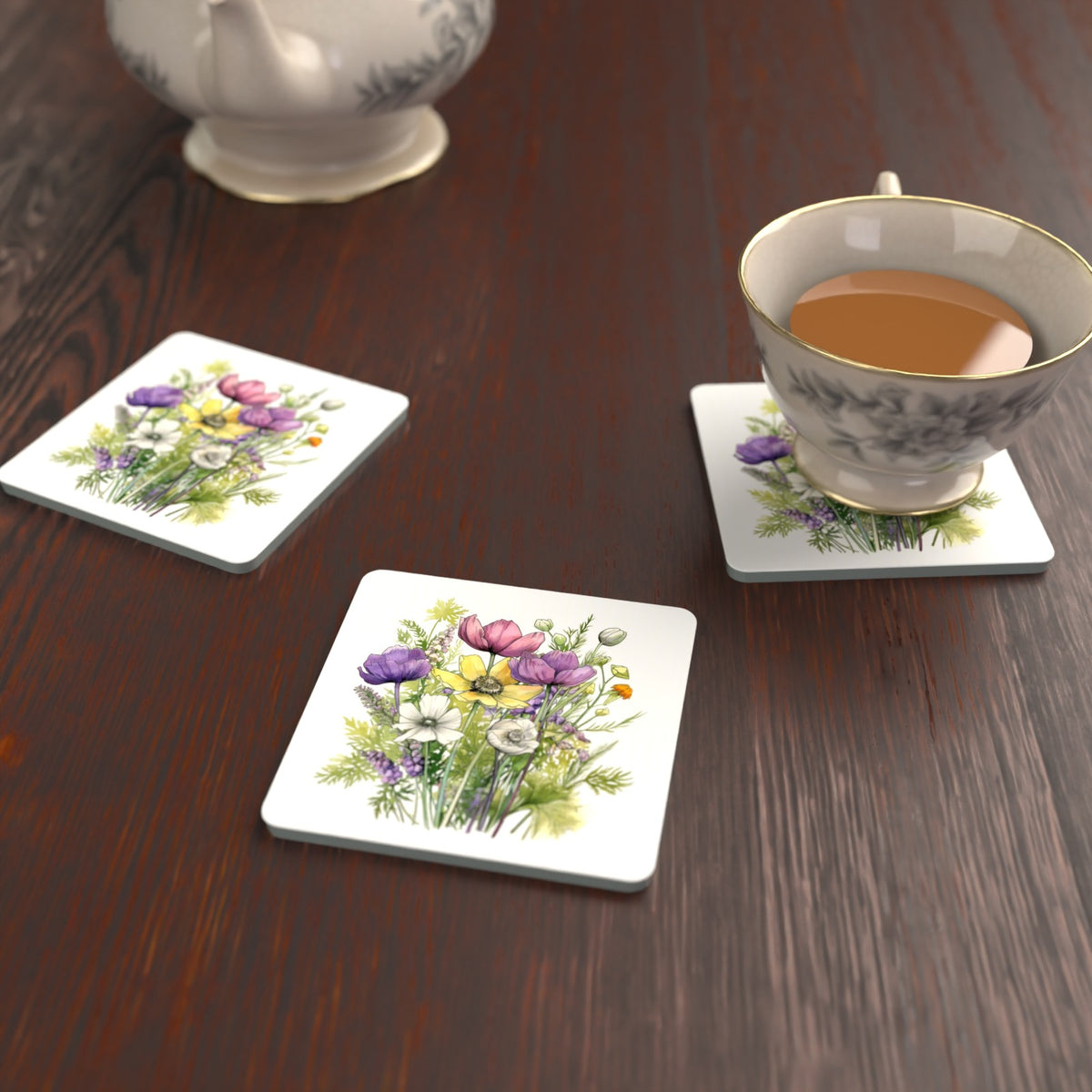 Pink, Purple & White Wild Bouquet Square Glass Coasters – Set of 6 – lifestyle mockup with a teacup