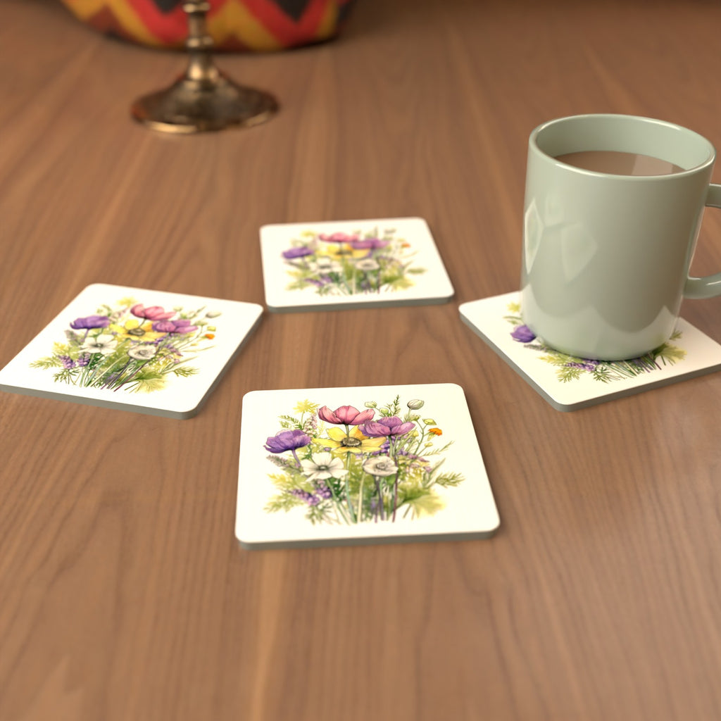 Pink, Purple & White Wild Bouquet Square Glass Coasters – Set of 6 – cosy lifestyle mockup