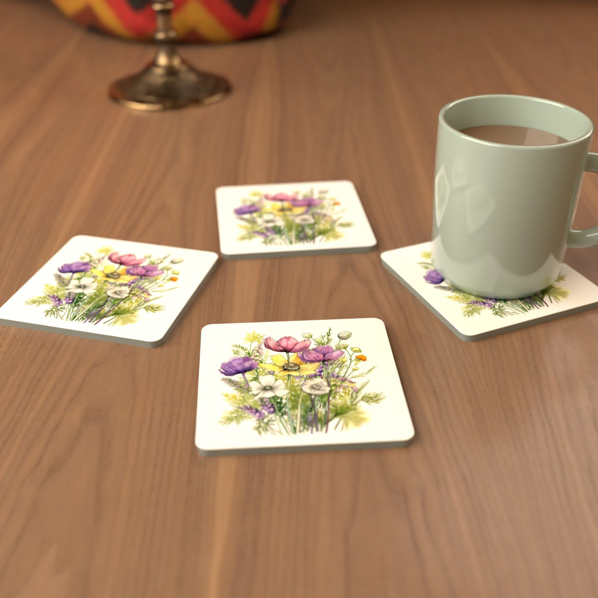 Pink, Purple & White Wild Bouquet Square Glass Coasters – Set of 6 – cosy lifestyle mockup