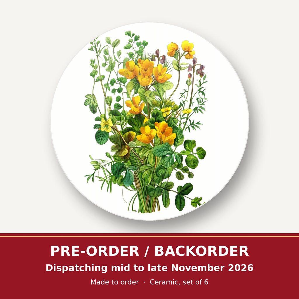 Yellow Wildflowers & Greenery round ceramic coaster set of 6 – pre-order / backorder, dispatching mid to late November 2026